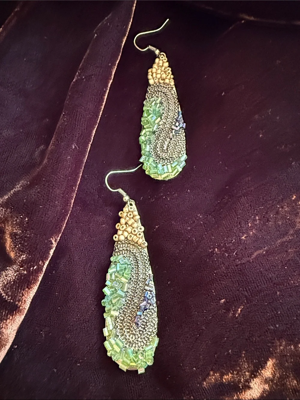 Handmade Beaded Teardrop Earrings in Light Green and Gold